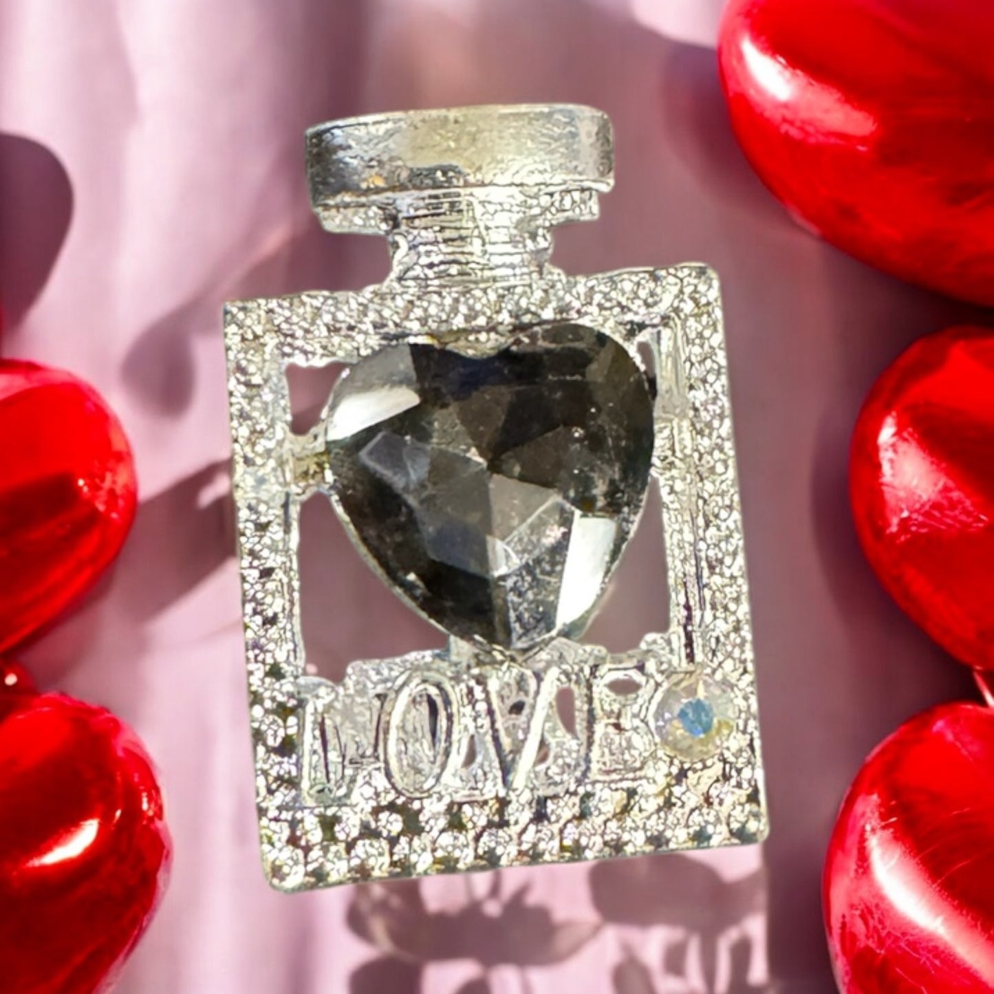 BLING METAL PERFUME FOCAL LOVE w SIMULATED HEART STONE ON BOTH SIDES (12 Colors)
