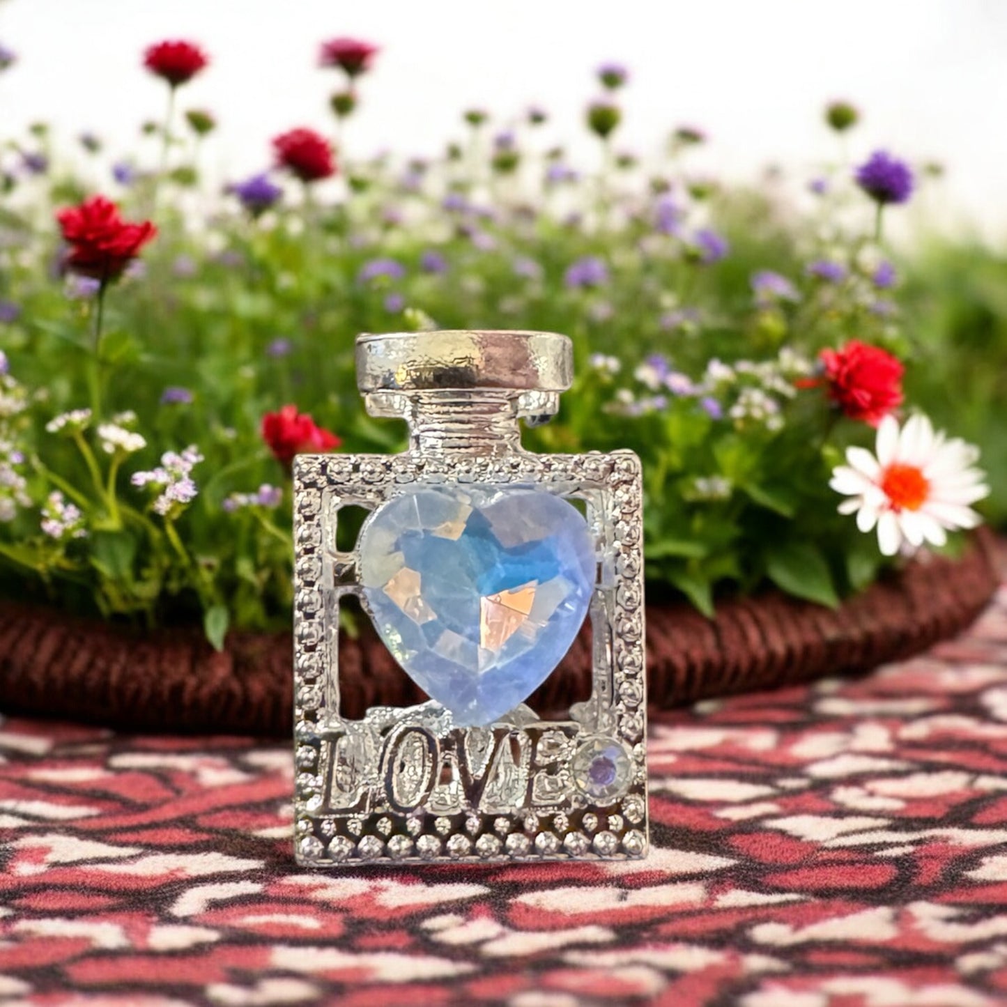 BLING METAL PERFUME FOCAL LOVE w SIMULATED HEART STONE ON BOTH SIDES (12 Colors)