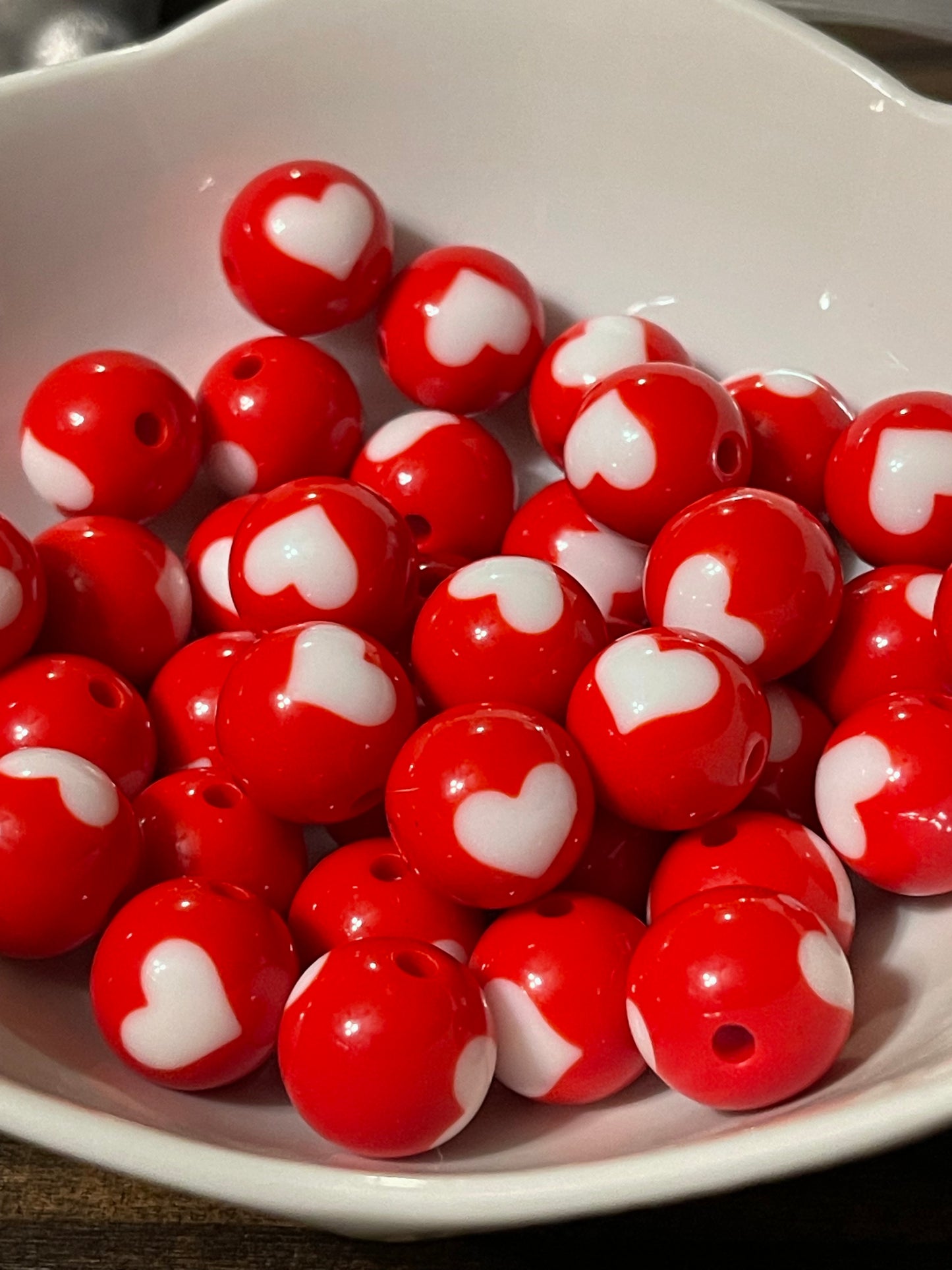 16mm ACRYLIC BEAD Hearts (Red w/ White Hearts)