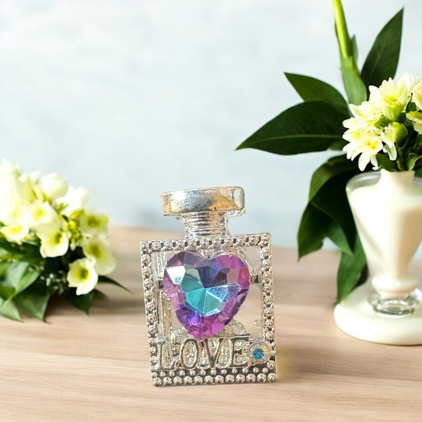 BLING METAL PERFUME FOCAL LOVE w SIMULATED HEART STONE ON BOTH SIDES (12 Colors)
