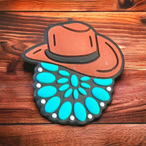 SILICONE FOCAL - Cowboy Hat w/ Teal Flower Pattern