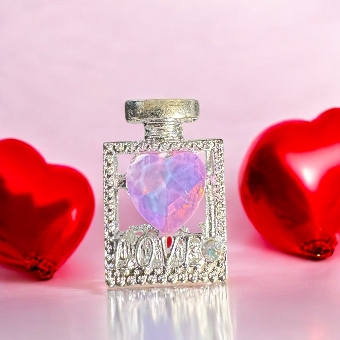 BLING METAL PERFUME FOCAL LOVE w SIMULATED HEART STONE ON BOTH SIDES (12 Colors)