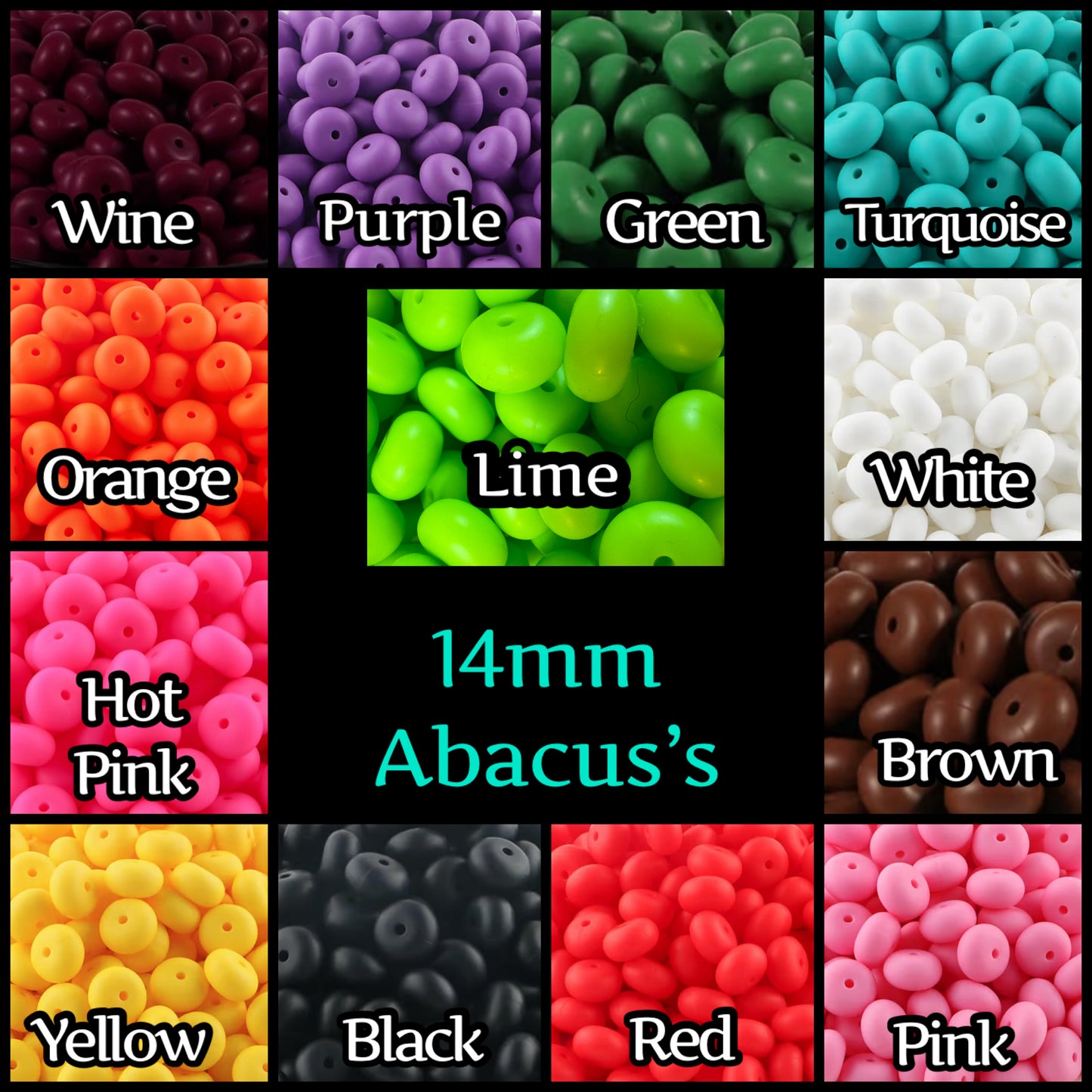 14mm SILICONE Abacus BEAD SPACERS (12 Color Options)