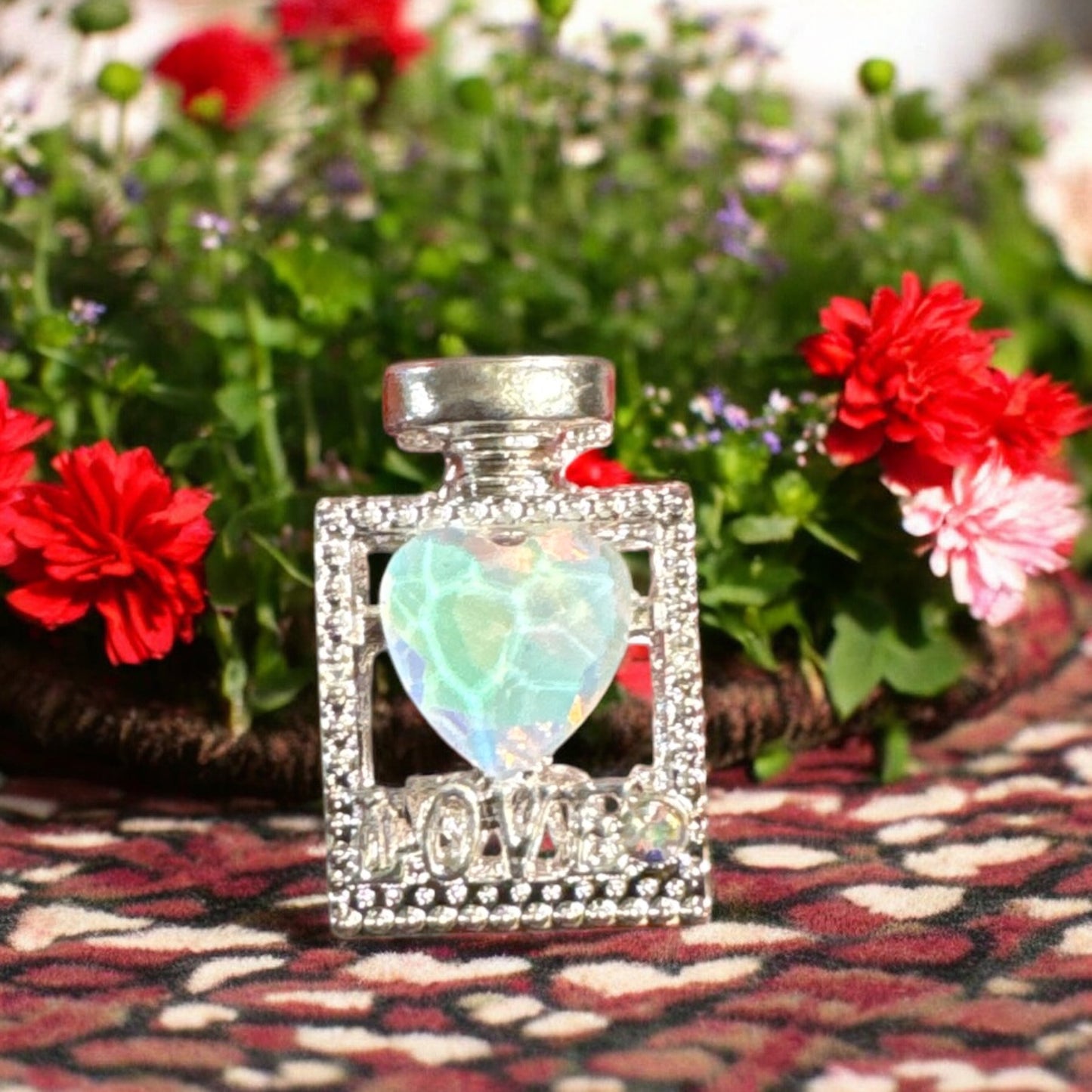 BLING METAL PERFUME FOCAL LOVE w SIMULATED HEART STONE ON BOTH SIDES (12 Colors)