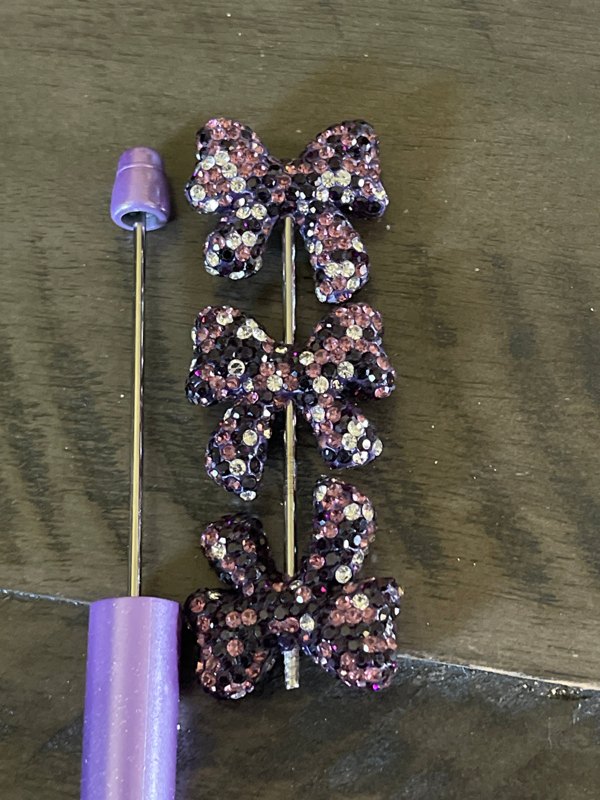 RHINESTONE ACRYLIC FOCAL- Bow-Purple/Black/White Silver Rhinestones