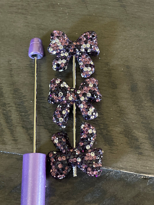 RHINESTONE ACRYLIC FOCAL- Bow-Purple/Black/White Silver Rhinestones