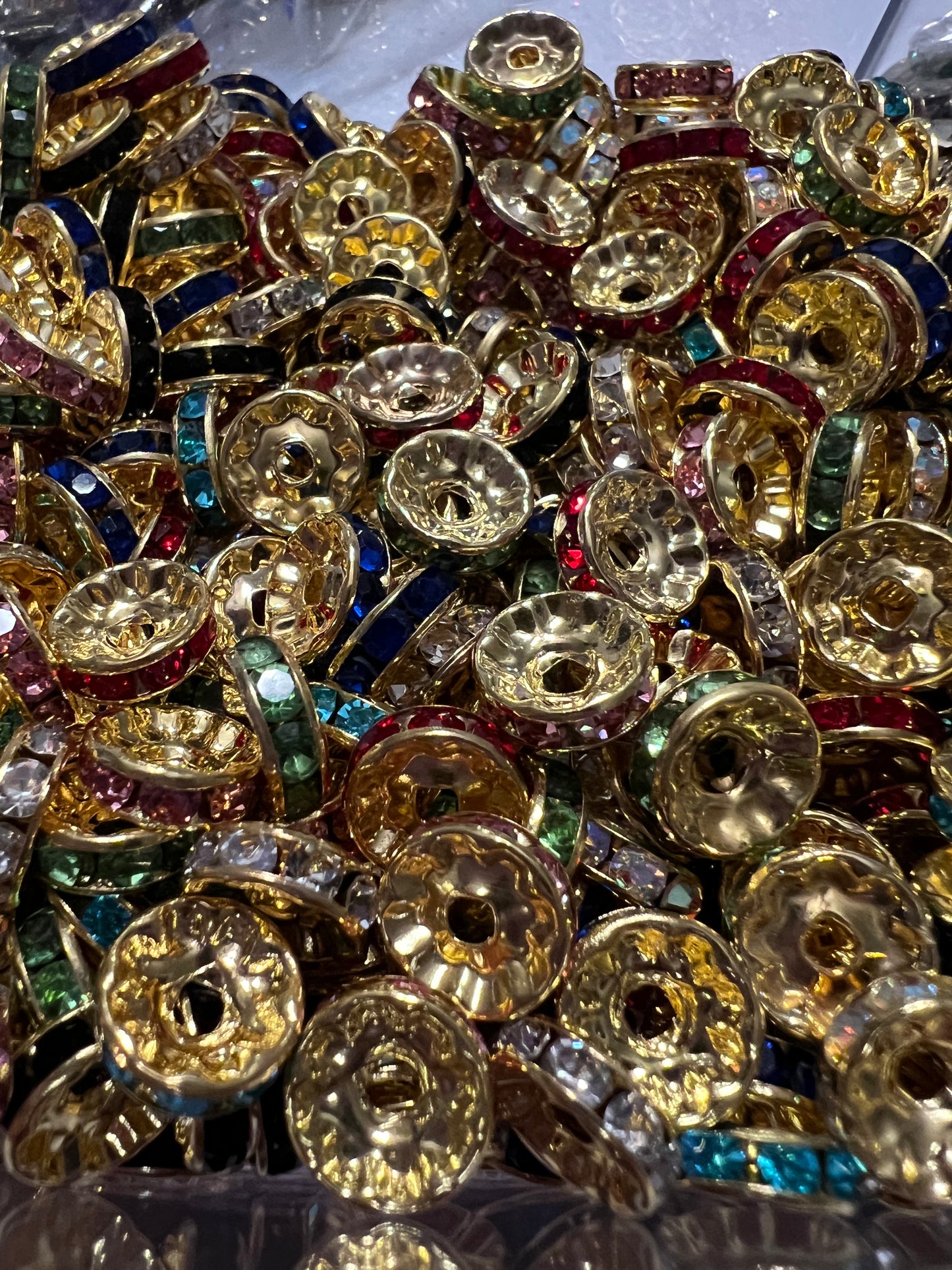 10mm SPACERS- RANDOM COLOR RHINESTONES (SET OF 5) (Pick Gold or Silver)