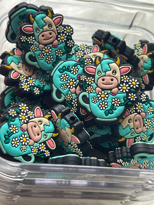 SILICONE FOCAL - Cow in a Teal Tea Cup w/ Daisies