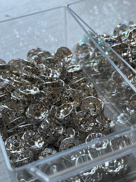 10mm SPACERS- SILVER w/ CLEAR RHINESTONES