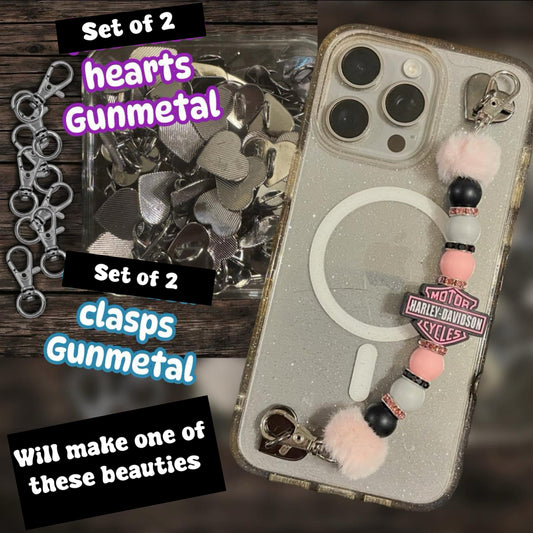 Cell Phone Strap Metal heart and metal clasp hardware only set includes 2 hearts 2 swivels and 2 stickies for this price.